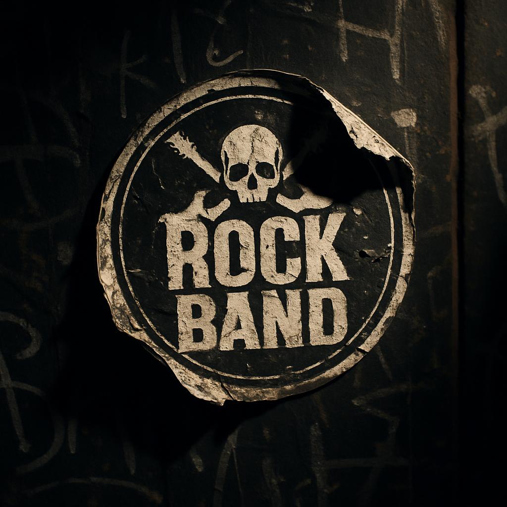 Old band logo graphic titled Rock Band with skull and crossed guitar picks.
